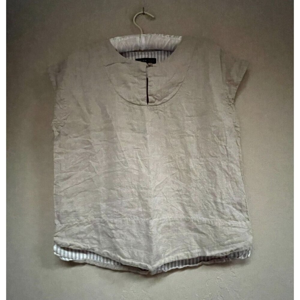 Ethodim Womens Keyhole Neck Cap Sleeve Top Blouse Shirt XS Beige/Stripe Ukraine